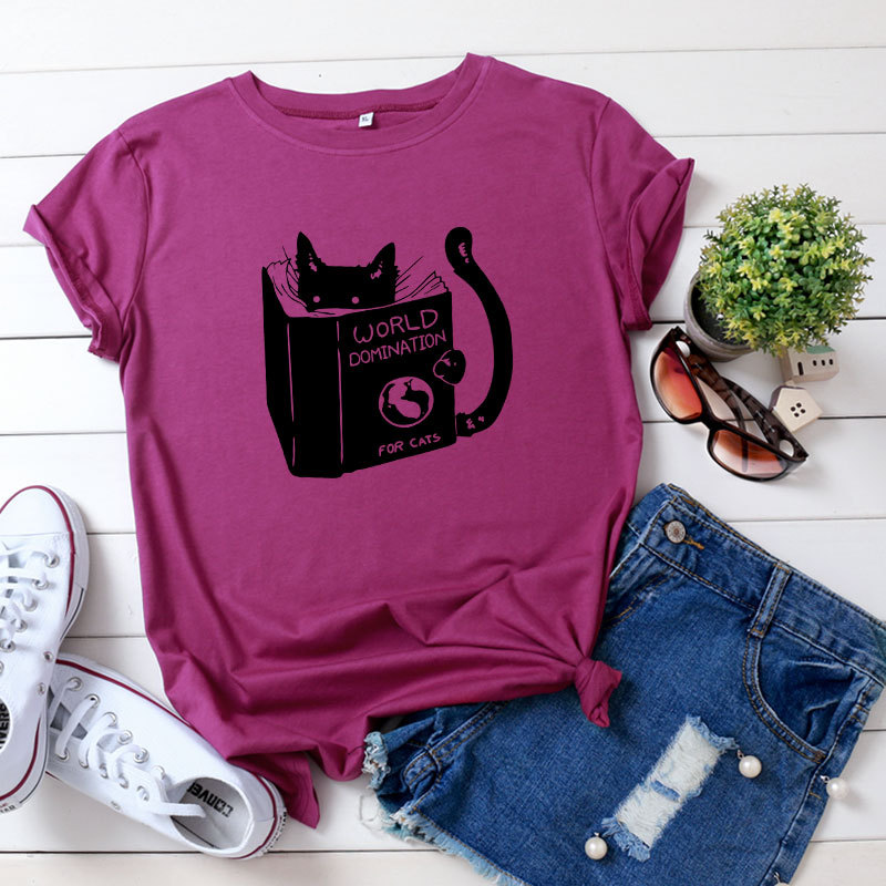 Women's Cotton Reading Cat Print Loose Round Neck T-shirt