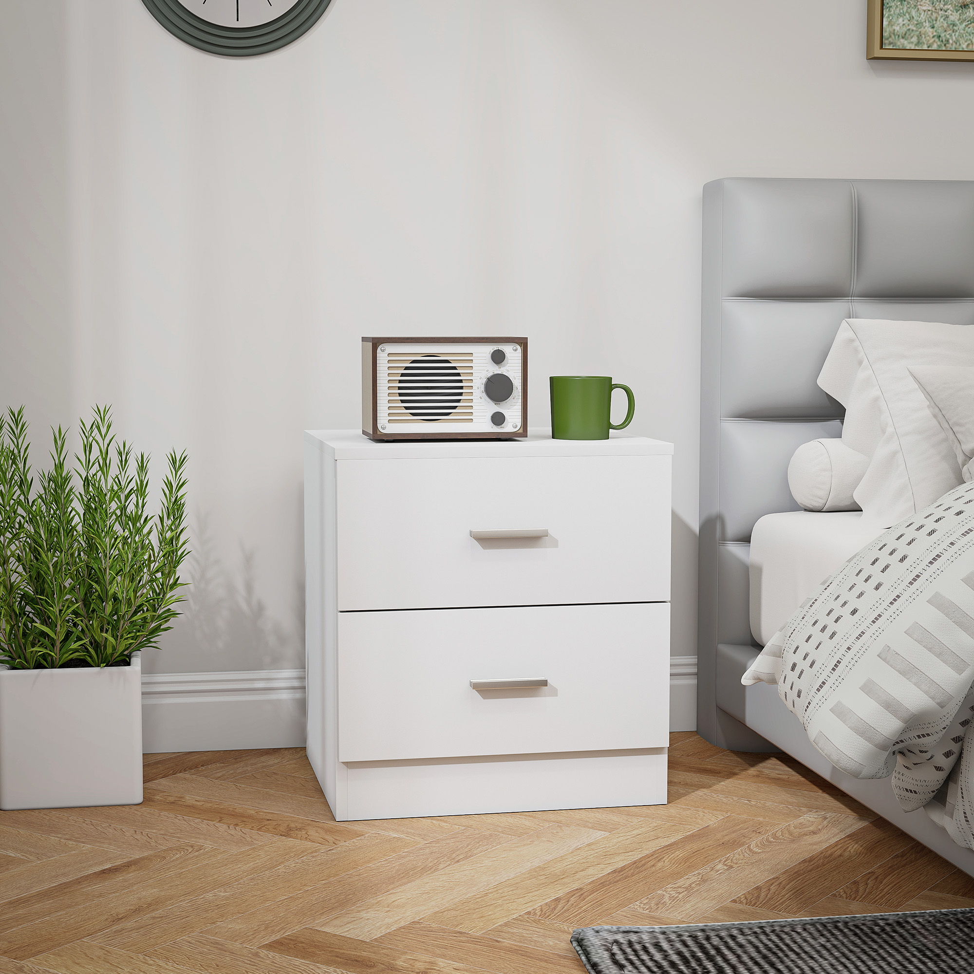 Bedside Table, Small With 2 Drawers And Storage Rack, Modern Bedroom White — image 6