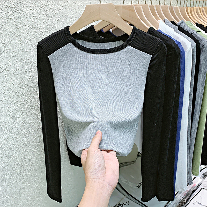 Contrast Color Long Sleeve T shirt For Women Black To Grey - Shop at LoveMi