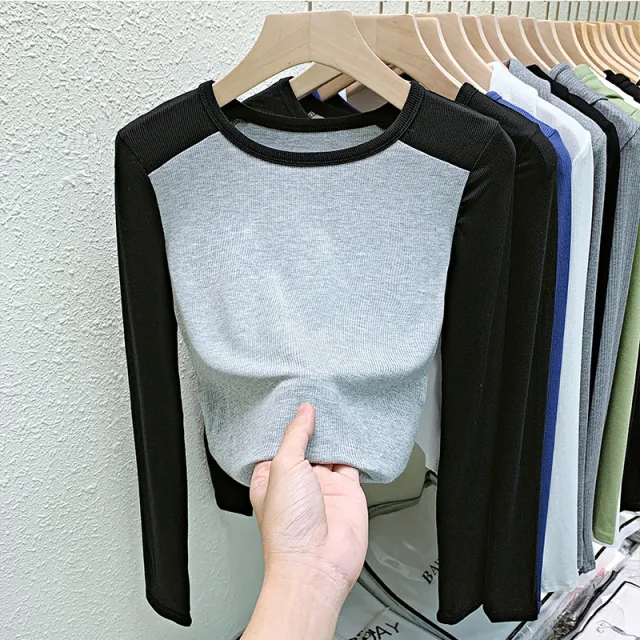 Contrast Color Long Sleeve T shirt For Women Grey - Shop at LoveMi