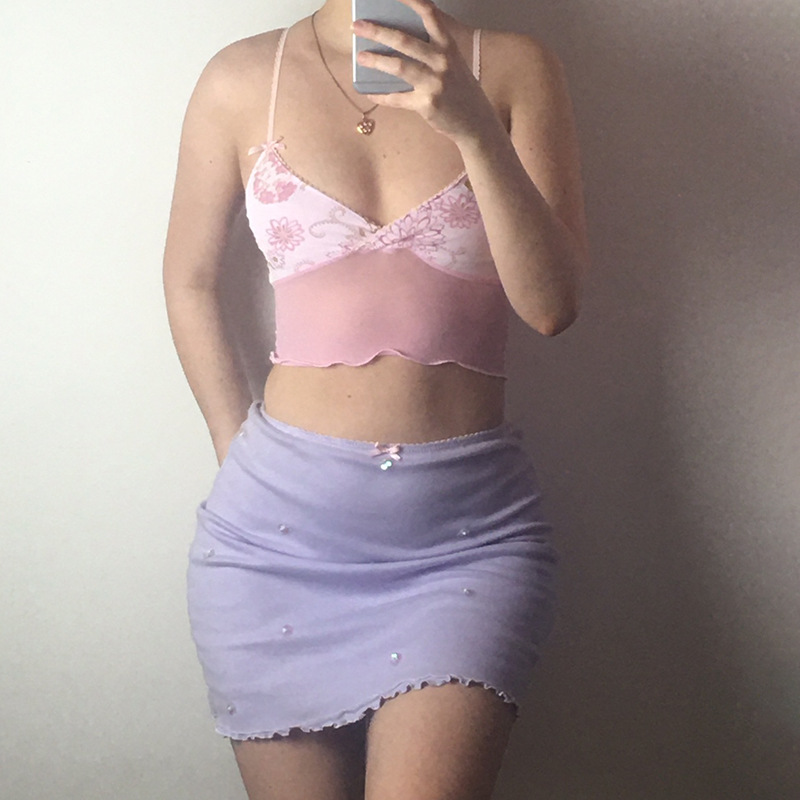 Printed Mesh Stitching Translucent Camisole All-match