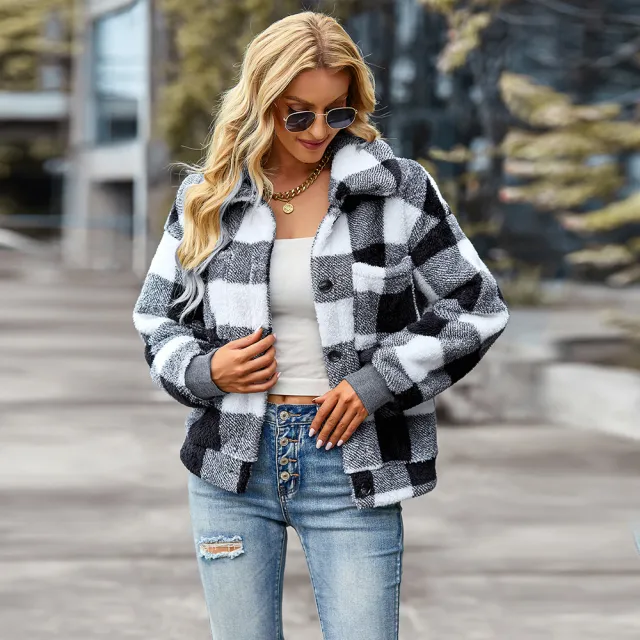 Women's Thickened Plaid Fleece Coat Black And White Grid - Shop at LoveMi