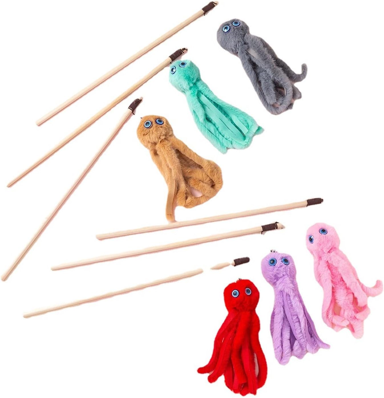 Lovely Toy For Indoor Kitten Cat Furry Octopus Toy With Eyes Long Stick Cat And Kitten Funny Toy