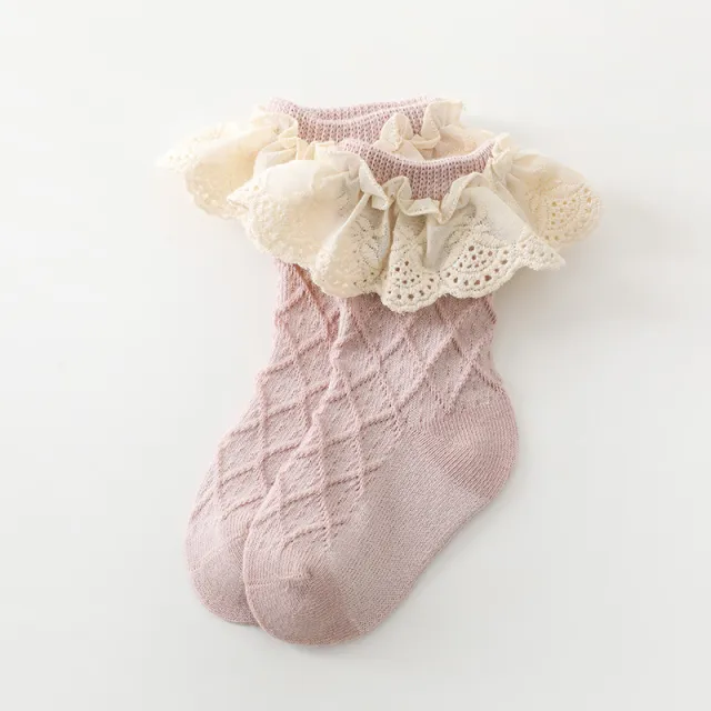 Korean Solid Lace Girls' Medium Tube Socks Pink - Shop at LoveMi