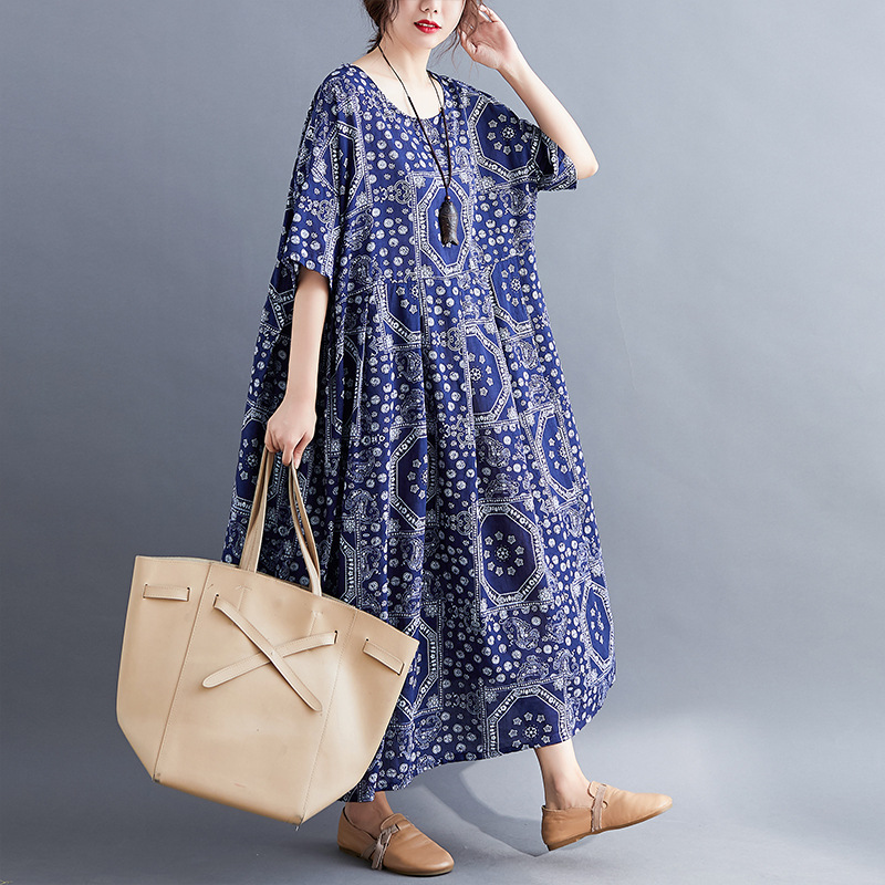 Loose Cotton And Linen Print Short-sleeved Dress