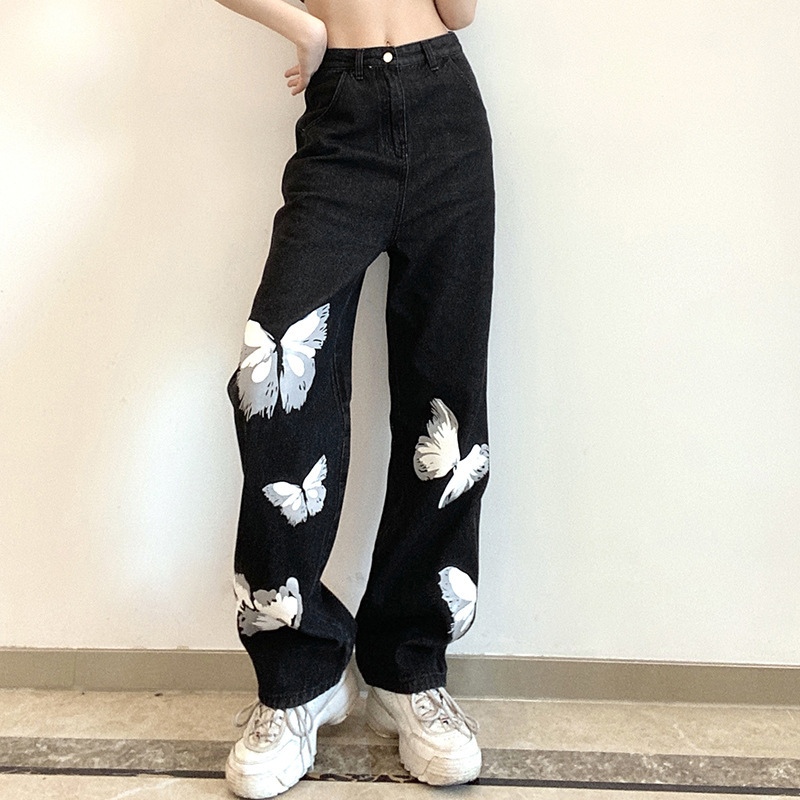 Women's New Butterfly Print High Waist Loose Jeans Black0225 - Shop at LoveMi