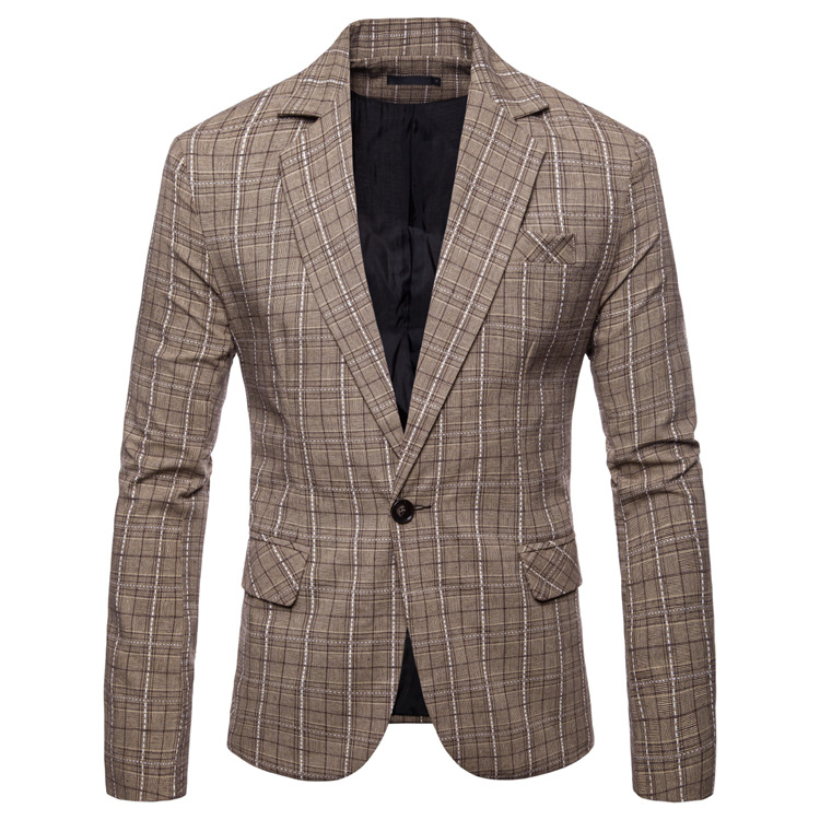 Men's Fashionable Casual Plaid New Suit Coat Khaki - Shop at LoveMi