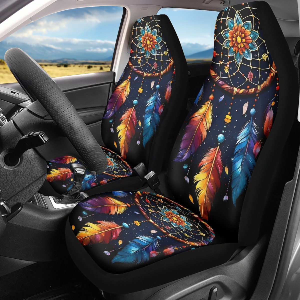 2 Front Car Seat Covers, Digitally Printed With Feather Patterns, Thin, Suitable For All Seasons, Fashionable Car Seat Covers