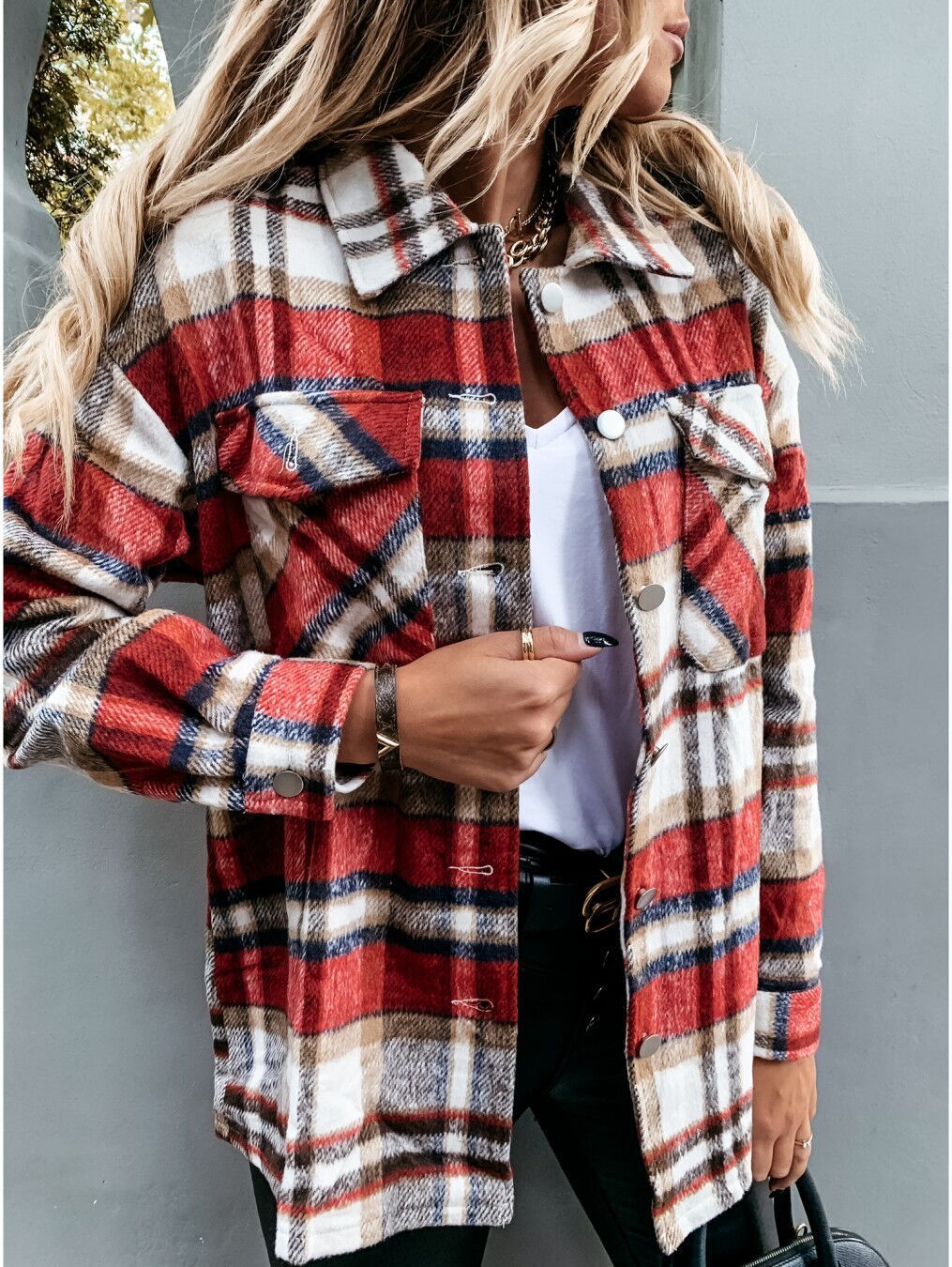 Autumn Winter Long Sleeve Plaid Coat