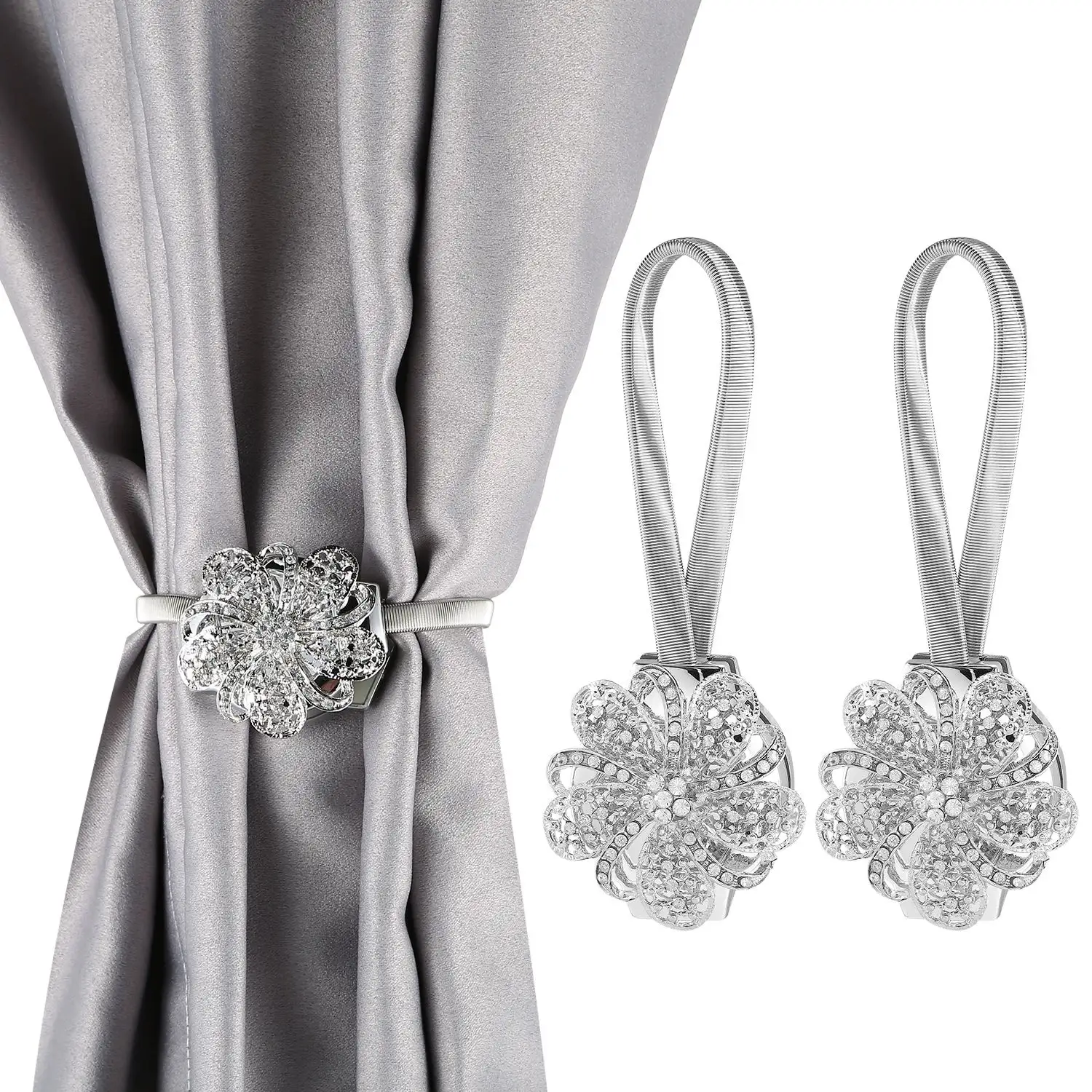 2 Packs Magnetic Curtain Tiebacks Extendable Floral