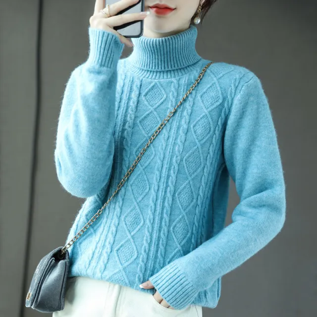 Turtleneck Cashmere Sweater Women's Wear Autumn And Winter Thick Warm Casual Top Blue - Shop at LoveMi