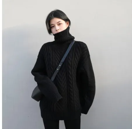 Korean Version Of The High Neck Twist Jumper Female Vintage Black - Shop at LoveMi