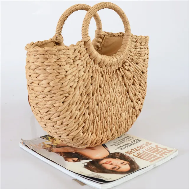 Straw Holiday Hand woven Moon Bag Beach Khaki - Shop at LoveMi