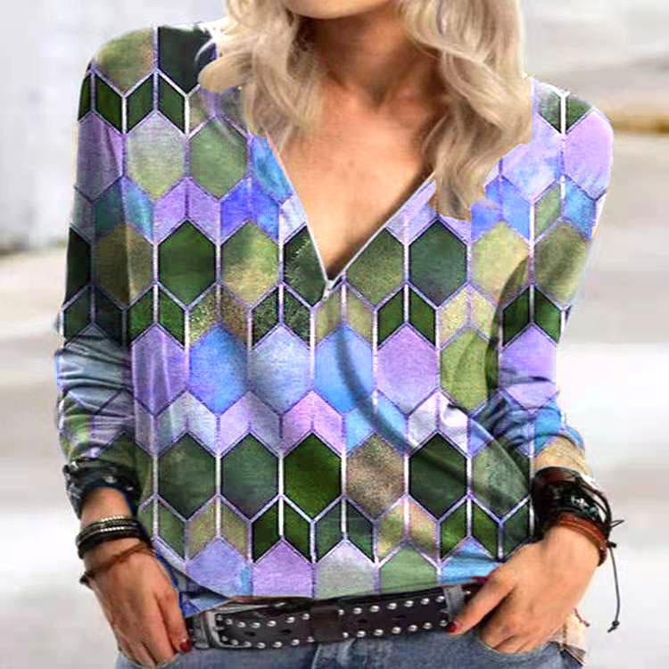 Title 2, Fashion Geometric Print Zipper Long-sleeved T-s...