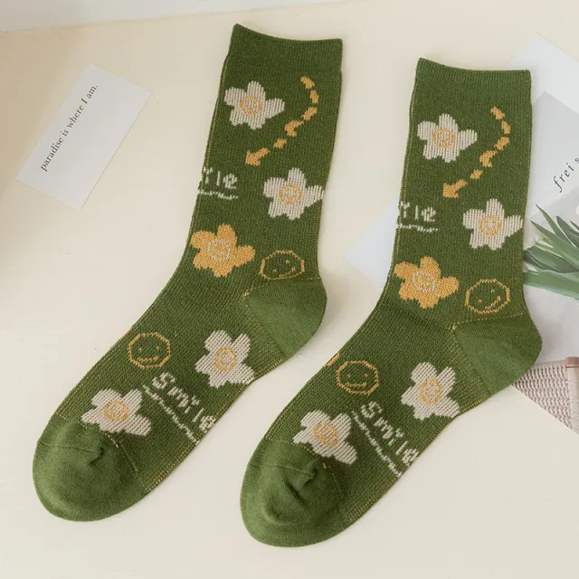 Green Department Diamond Flower Double Needle Double Way Women's Mid thigh Socks Green Background White Flower - Shop at LoveMi