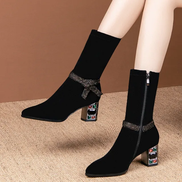Women's Rhinestone Pointed Toe And Velvet High heeled Ankle Boots 5Style 40 - Shop at LoveMi