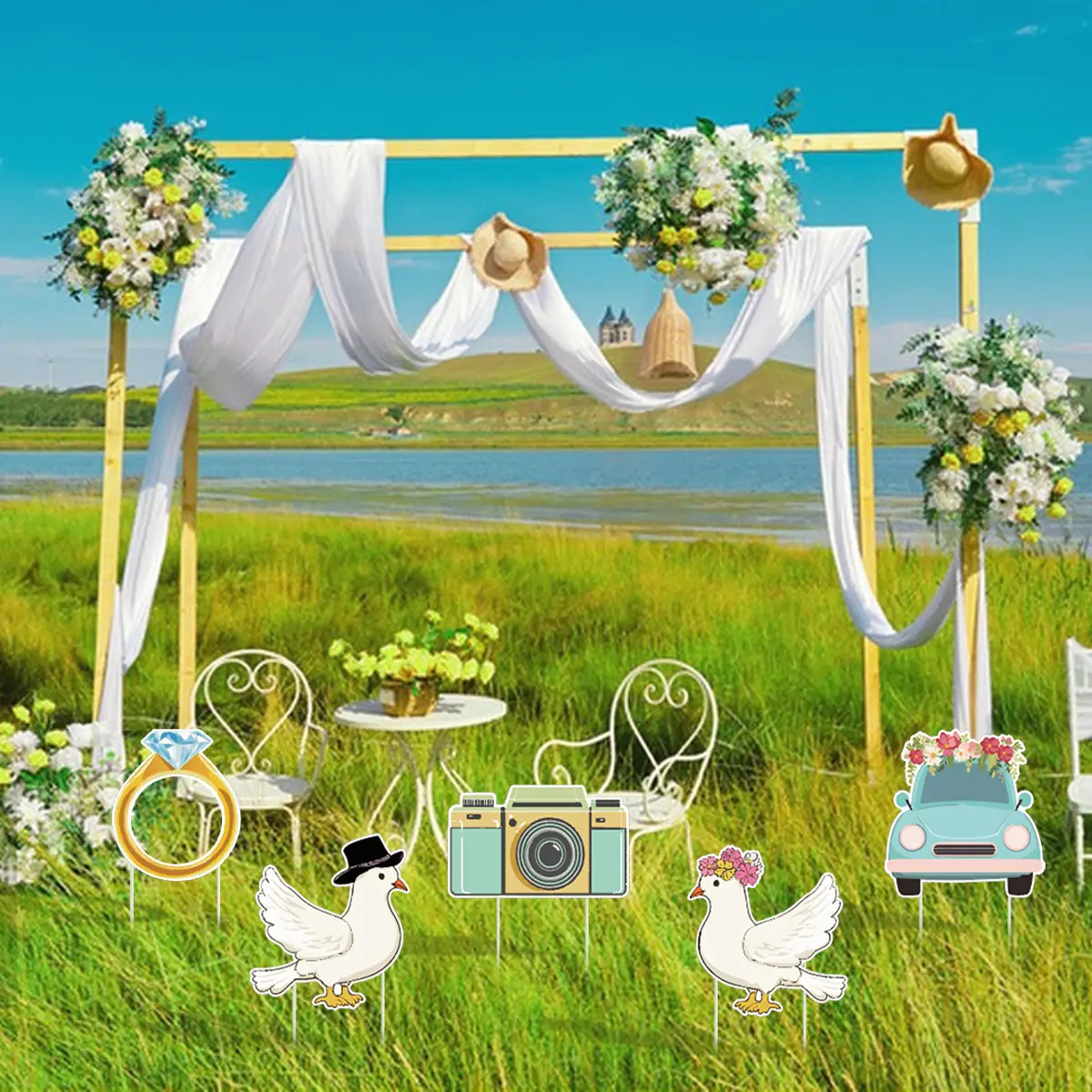 5 Pieces Wedding Theme Party Yard Signs With Stakes Pigeon Ring Camera Pattern Road Decoration Wedding Reception Plastic Welcome Sign Large Bridal Shower Party