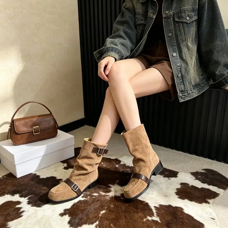Women's Koreanstyle Belt Buckle Slouch Boots, Widecalf