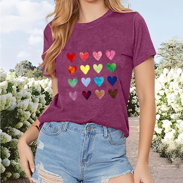 Women's Heart Print T Shirt Casual Short Sleeve Crew Neck Summer Top Purple - Shop at LoveMi