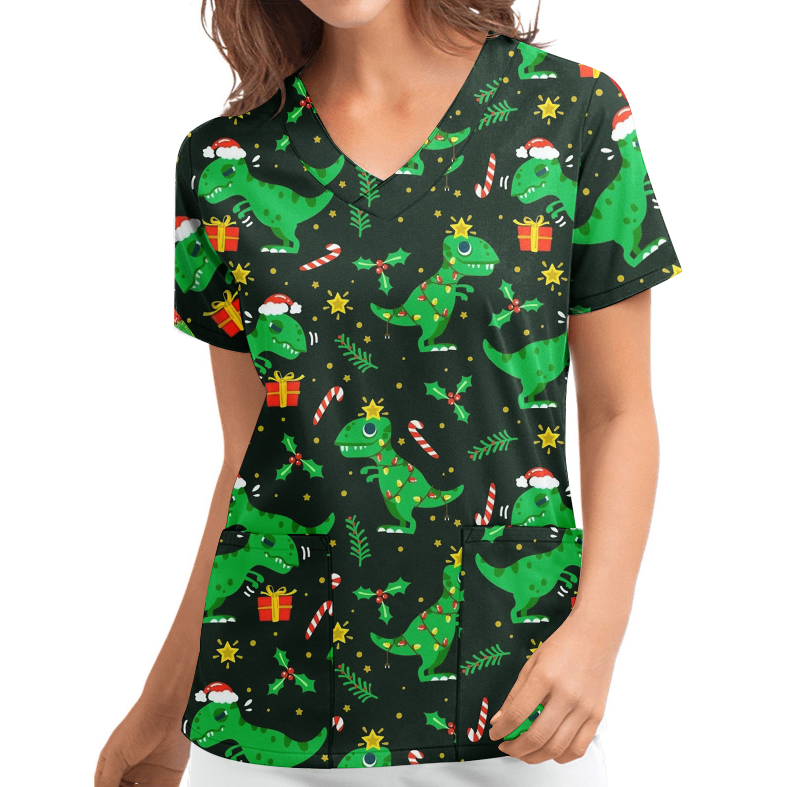 Title 14, Christmas Printed V-neck Short Sleeve Workwear ...