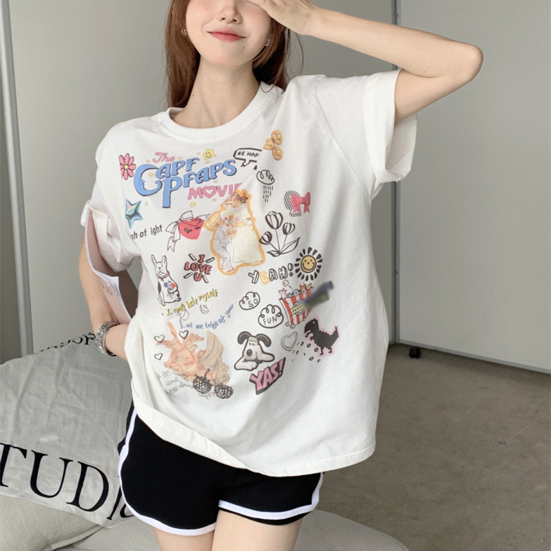 White Cute Cartoon Print Front Shoulder Short Sleeve T Shirt