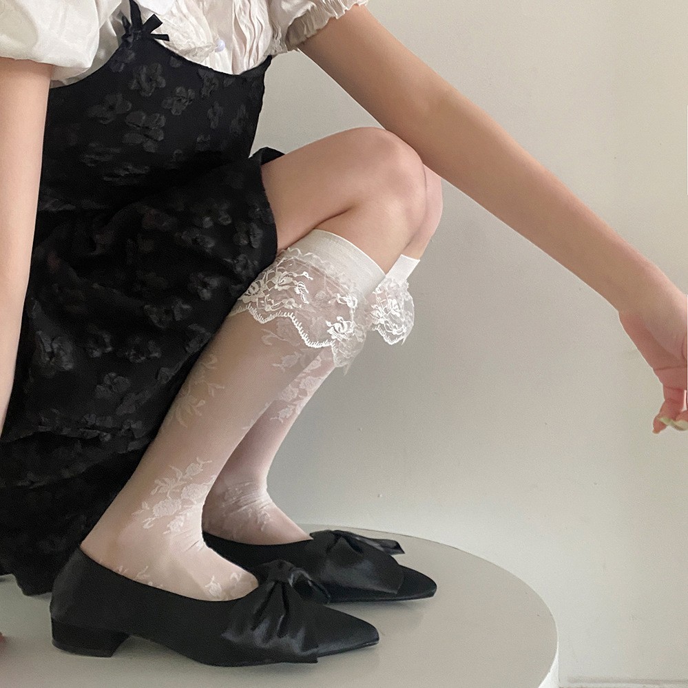 Rose Lace Lace Calf Socks With Lace Edge Solid Color Mid Tube Socks