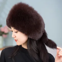 Women's Ear Protection Warm Fox Fur Hat - Coffee - View 1