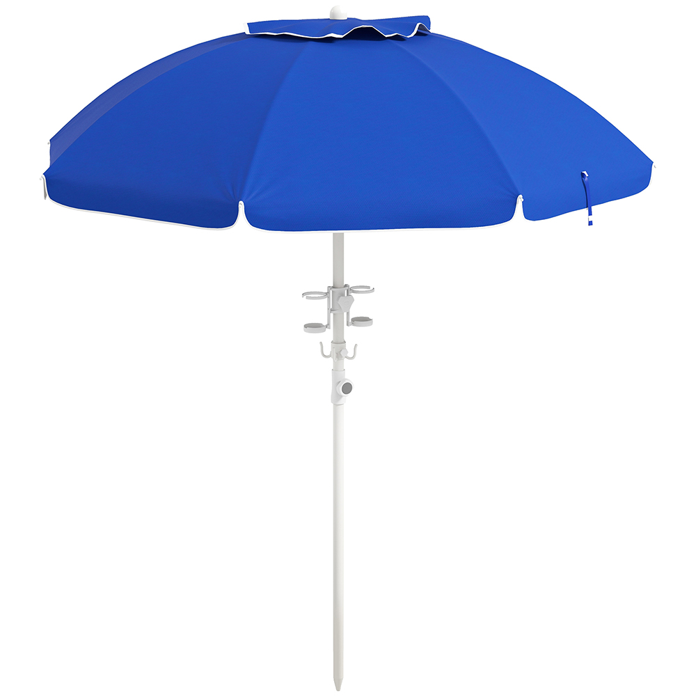 5.7' Beach Umbrella For Travel With Tilt, Adjustable Height, 2 Cup Holders, Hooks, Vent, Ruffles, Blue Stripe, Sapphire Blue