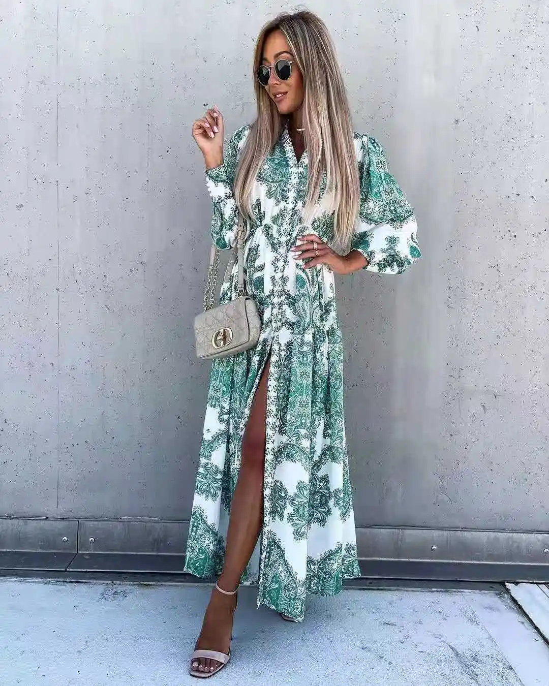 Printed Long V-neck Single-breasted Dress