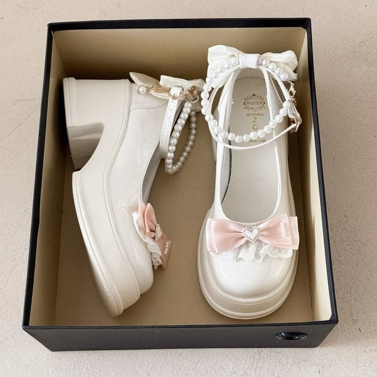 Sweet Pearl Bow Platform Mary Janes 2026 New Lolita Style Chunky Heel Pumps