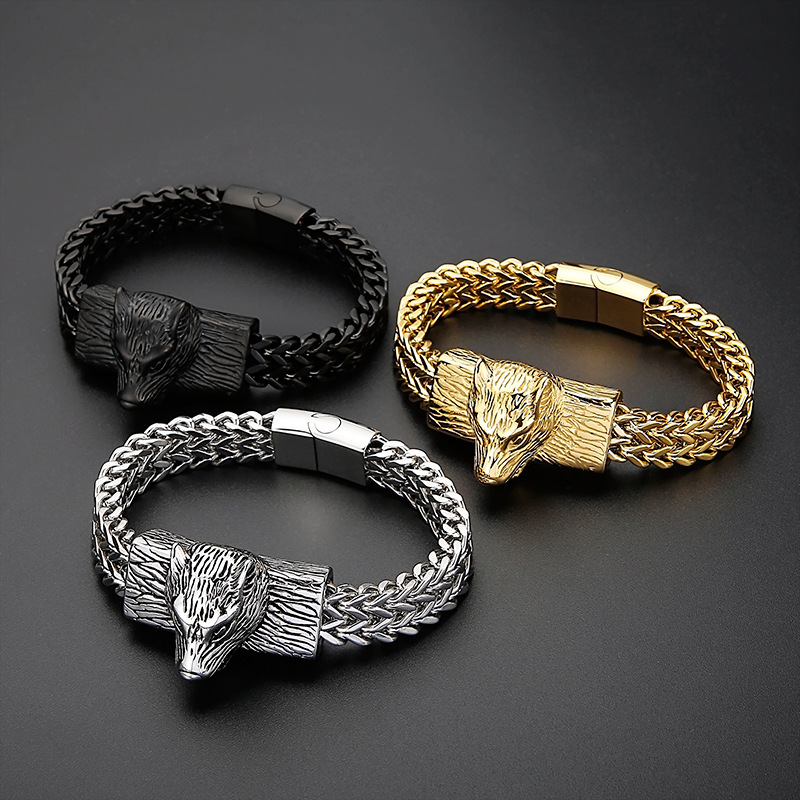 Fashion Street Shooting Wolf Head Men's Titanium Steel Bracelet