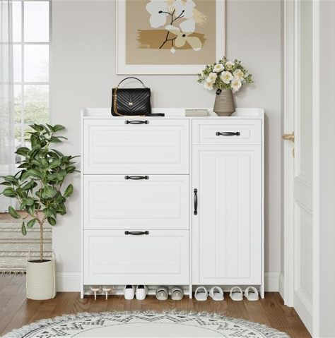 White Shoe Cabinet, 4 Doors And 1 Drawer, PVC Door, Beautiful Appearance, Large Storage Space