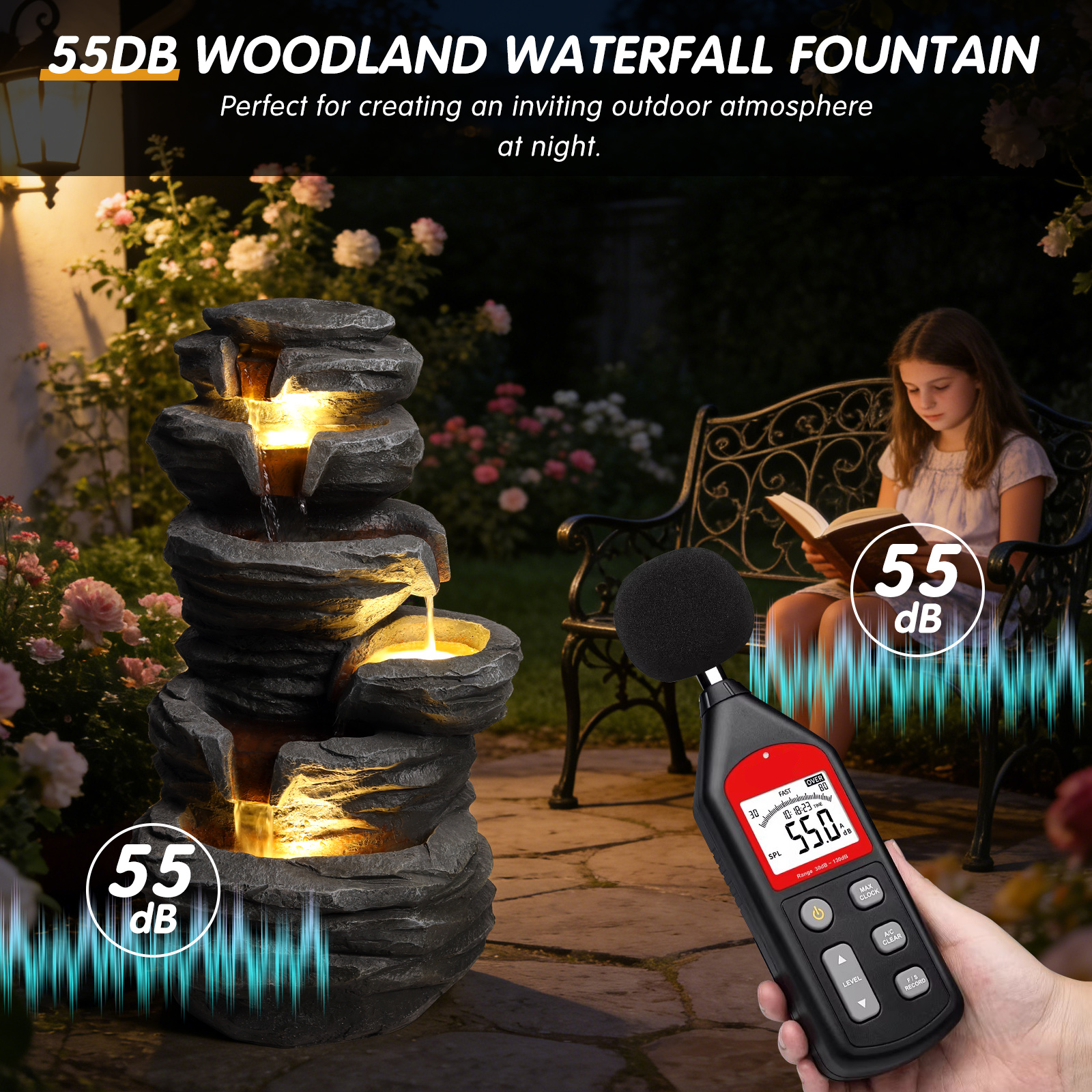 Outdoor Waterfall Fountain With Lights Stacked Rock Cascading Water Feature Resin Garden Decor For Patio Yard Porch Landscape — foto 9