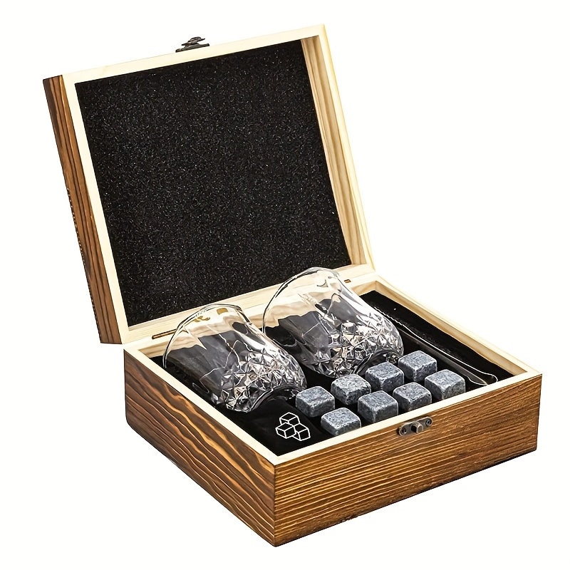 Whiskey Stones Gift Set, Includes 2 Whiskey Glasses, 8 Chilling Whiskey Stones In Wooden Gift Box, Unique Gifts For Men Birthday Christmas Valentine Drinking Gift For Dad Husband Party Holiday Present - Image 1