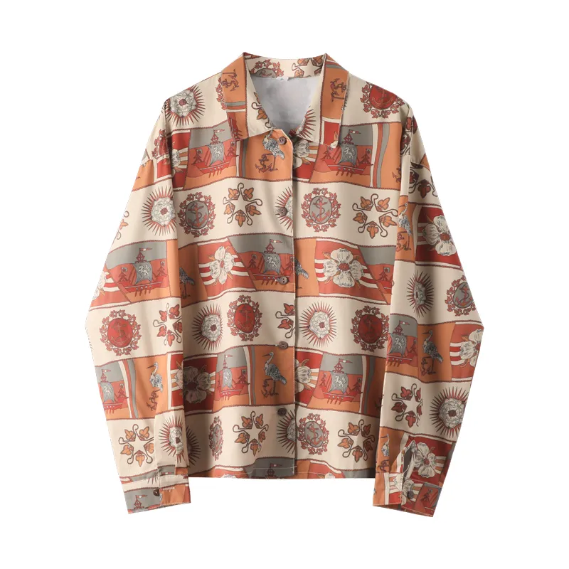 Women's Retro Floral Long Sleeve Loose All Match Shirt - Yellow