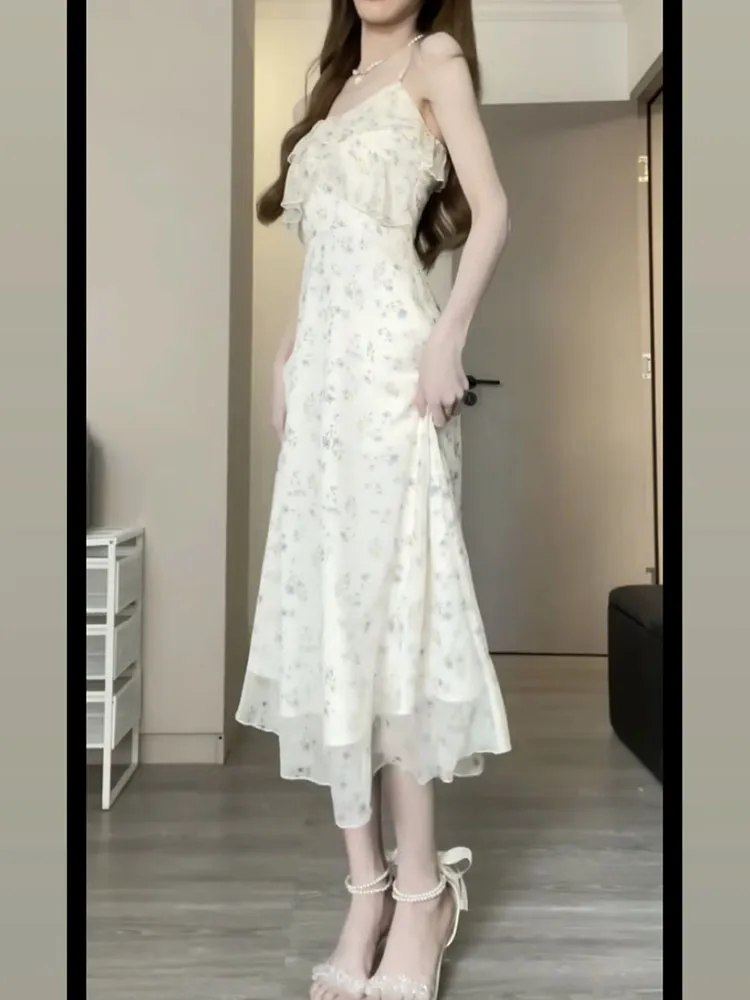 White Chiffon Flower Strap Dress - Long Style