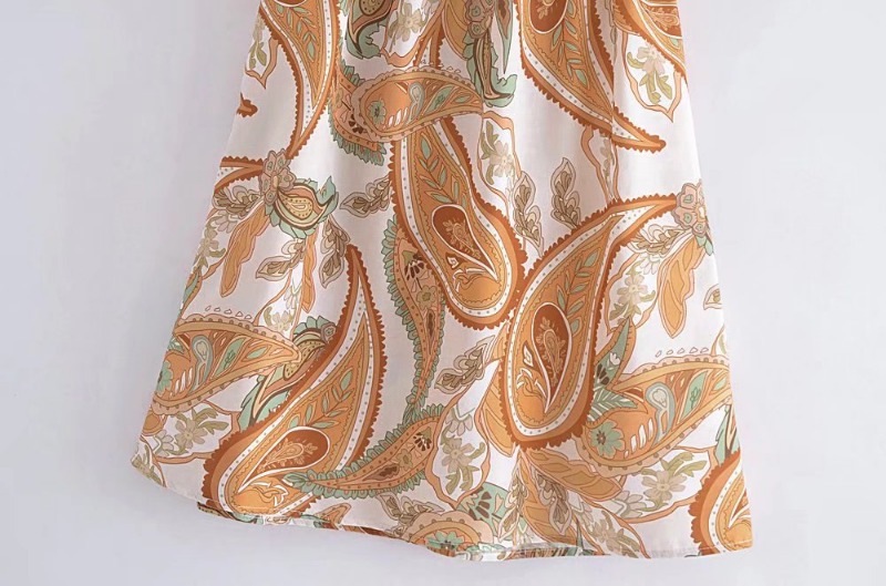 Slim-fit Cashew Print Puff Sleeves Waist Slimming Dress