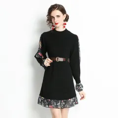Patchwork Knitted Fake Two-Piece Waist Fashion Dress - Black - View 1