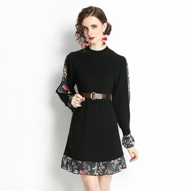 Patchwork Knitted Fake Two Piece Waist Fashion Dress Black - Shop at LoveMi