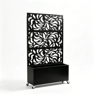 70.87inch Hx46.06inch W Leaf Pattern Privacy Screen With Planter Box, Black Metal Freestanding Decorative Fence Planter For Patio Balcony