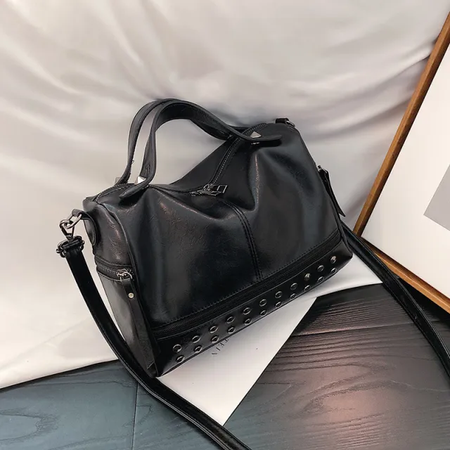Oil Leather Handbag Shoulder Bag Personality Rivet Crossbody Black - Shop at LoveMi