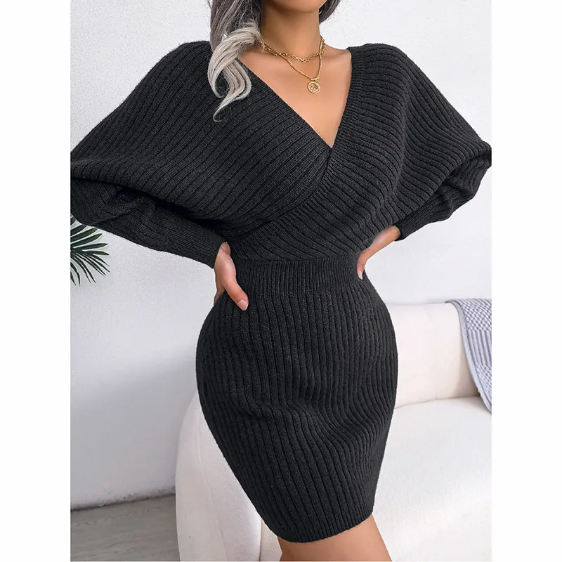 Women's Batwing Sleeve Sweater Dress - Sexy Off The Shoulder V-Neck Mini Dress, Solid Color - Black