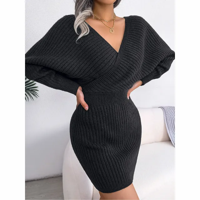 Women's Batwing Sleeve Sweater Dress Sexy Off The Shoulder V Neck Mini Dress, Solid Color Black - Shop at LoveMi