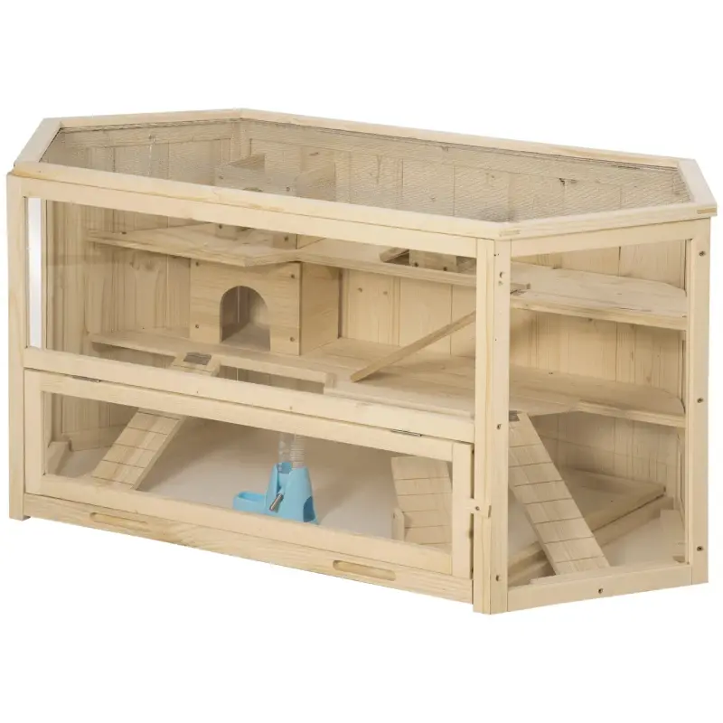 Wooden Large Hamster Cage Small Animal Exercise Play House 3 Tier With Tray, Seesaws, Water Bottle, Activity Center, Natural