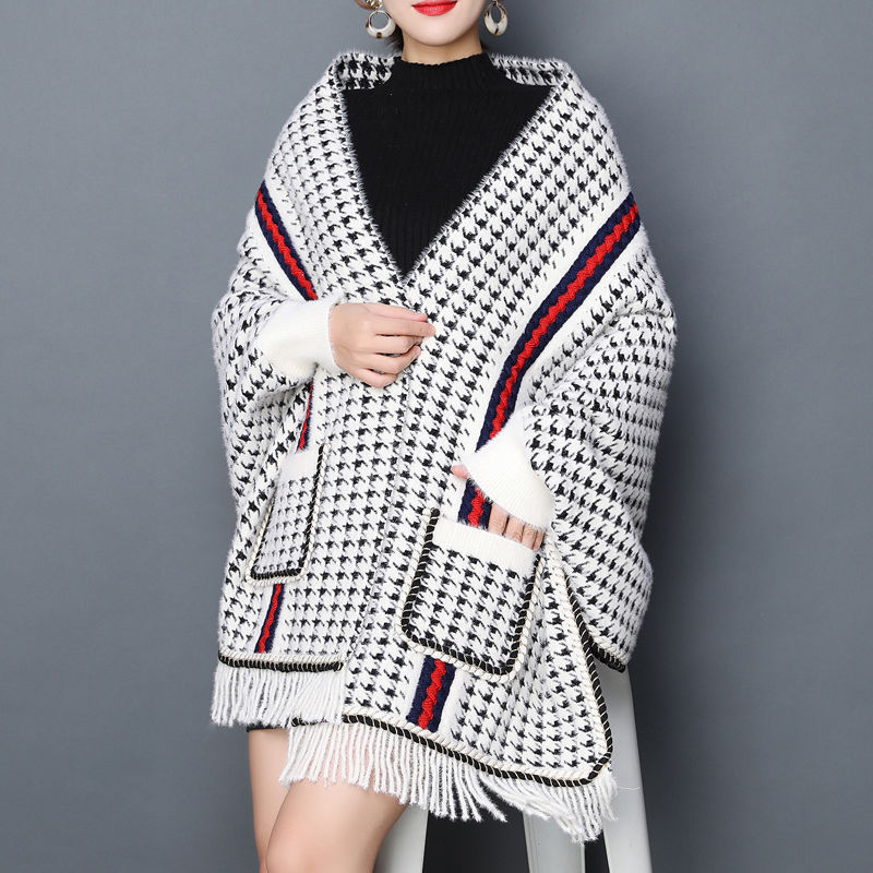 Houndstooth Shawl Women's Outer Wear Autumn And Winter Thickened