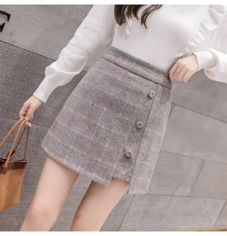 Plaid Skirt Women Irregular Woolen Short