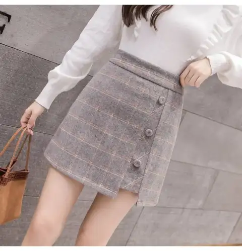 Plaid Skirt Women Irregular Woolen Short