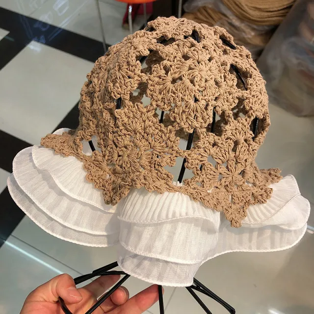 Summer New Hollow Ruffled Fisherman Hat Khaki White - Shop at LoveMi
