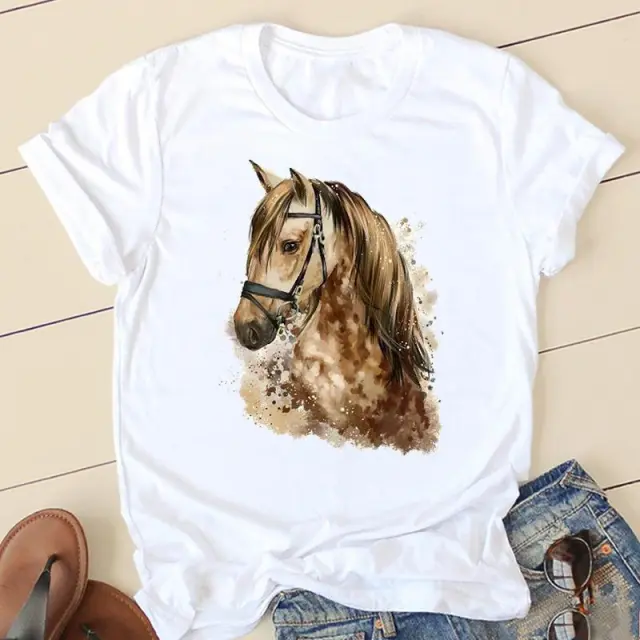 Horse Head Riding Simple Pattern Round Neck Printed White T shirt 1028Style - Shop at LoveMi