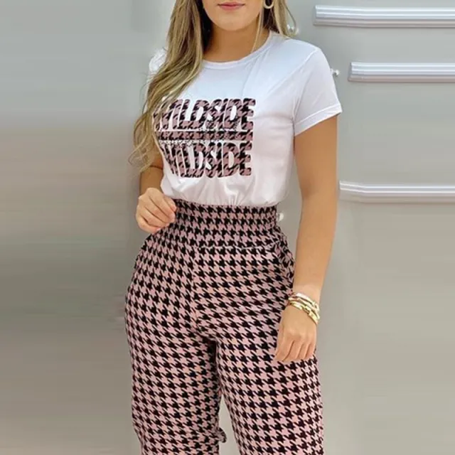 European And American Houndstooth Print Casual Suit Pink - Shop at LoveMi